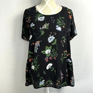 Pleione Womens‎ Floral Print Short Sleeve Ruffle Hem Blouse Top Size L